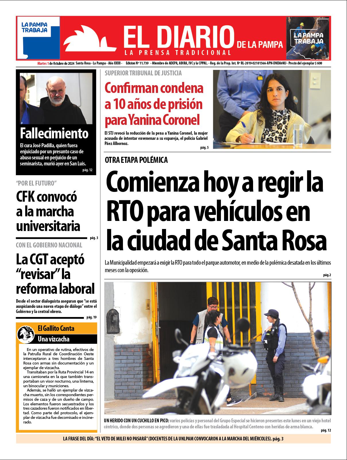 Tapa de El Diario en papel  martes 01 de octubre de 2024